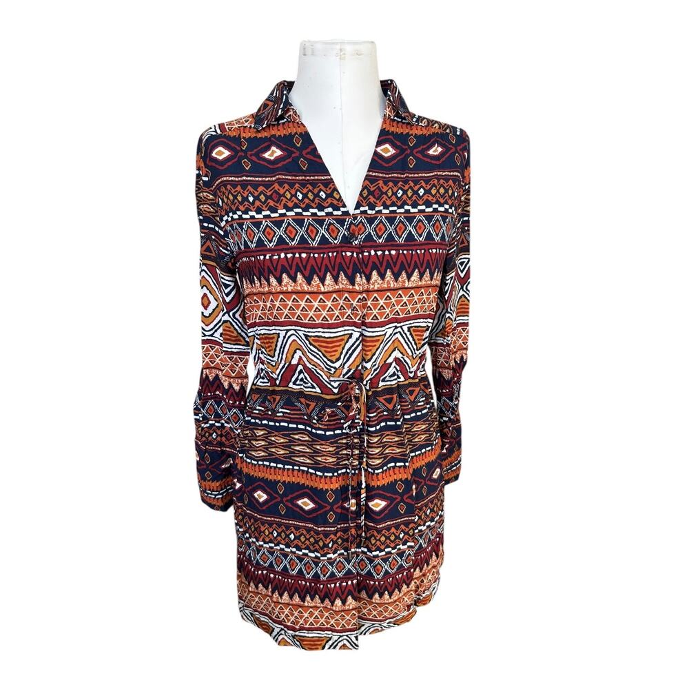 NEW Entro Women's Ikat Geometric Print Draw String Shirt Dress Boho Colorful S